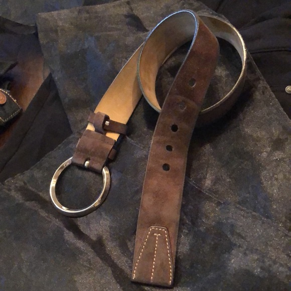 🇮🇹Prada Distressed suede leather large silver tone wide saddle stitch tip belt - Picture 3 of 12